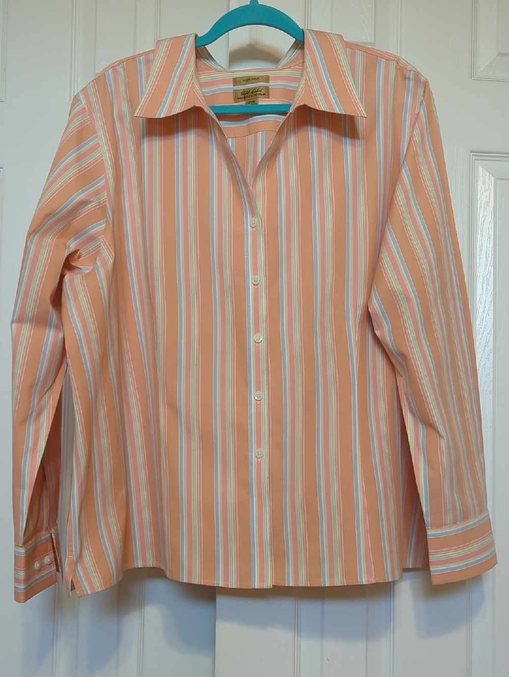 Gold Label Westbound Button Down Blouse Salmon With Blue Stripes Size 22W